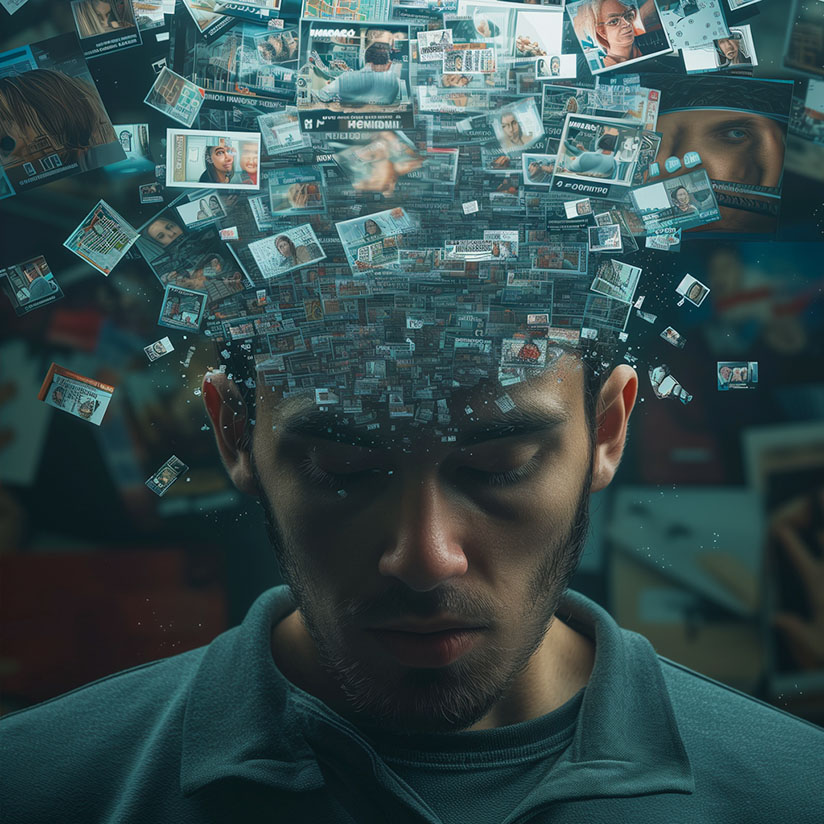 AI creative image of mans head surrounded by headlines from newspapers and digital media