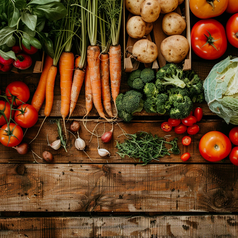 Rustic image of vegetables on a wooden bench
