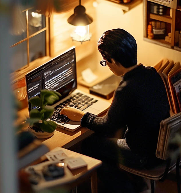 Man sat at desk looking at an open laptop